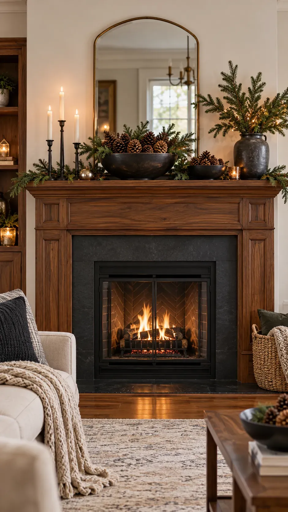 Style Bowls of Pinecones Christmas mantel decor