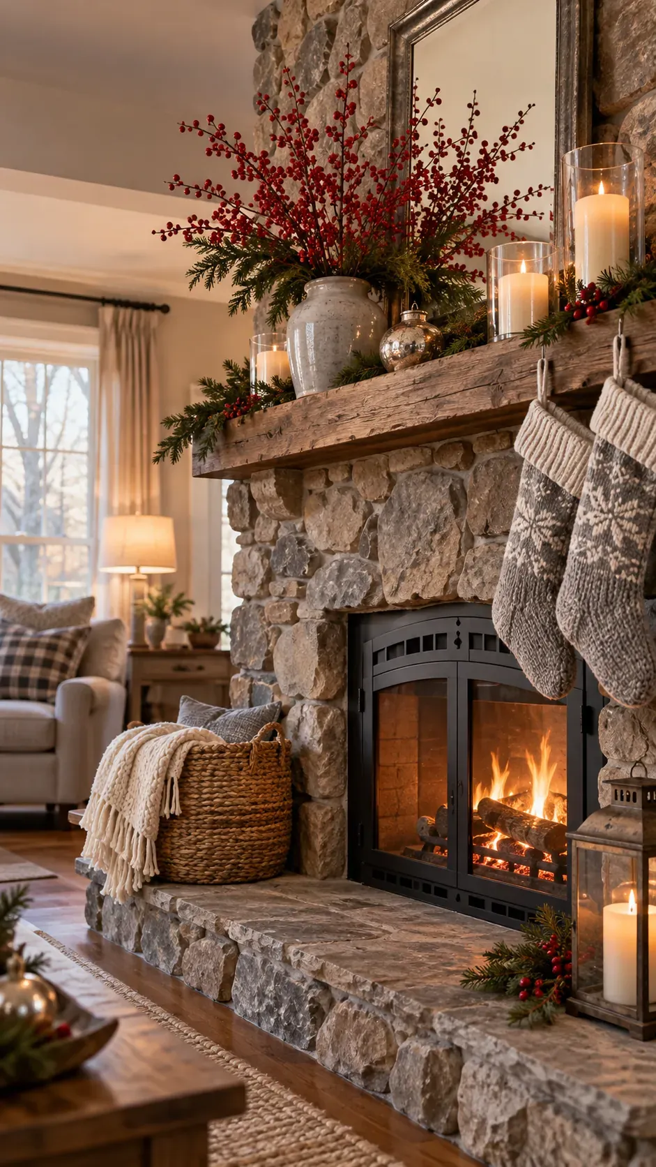 Set Out Red Berry Branches Christmas mantel decor