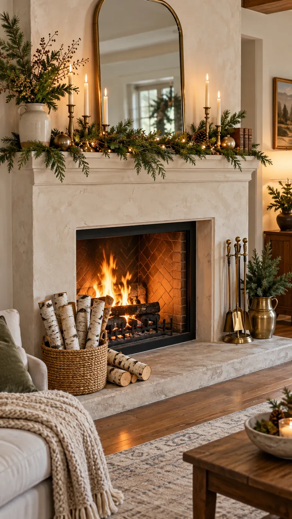Place Birch Logs on the Hearth Christmas mantel decor