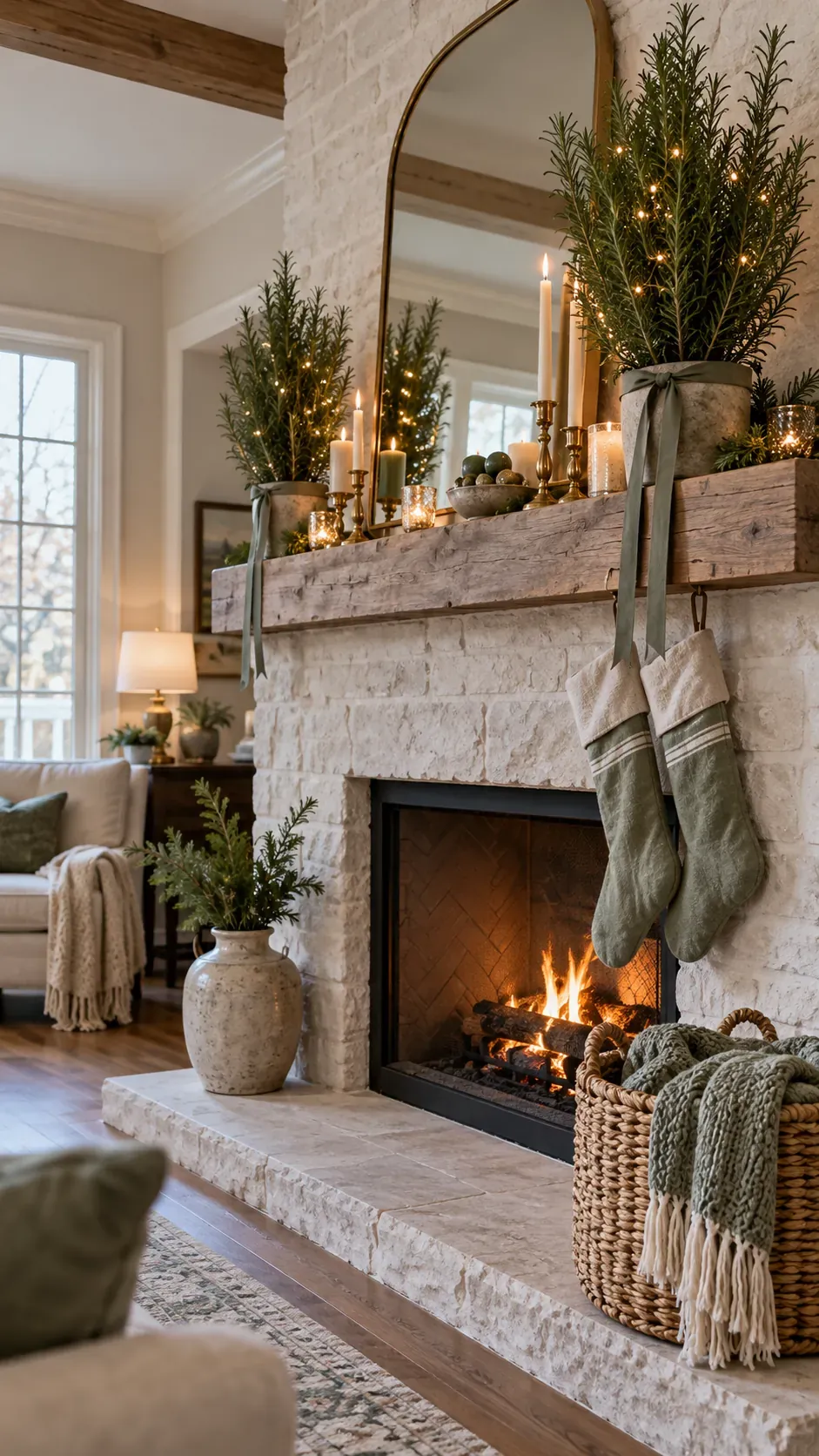 Use Potted Rosemary Trees Christmas mantel decor