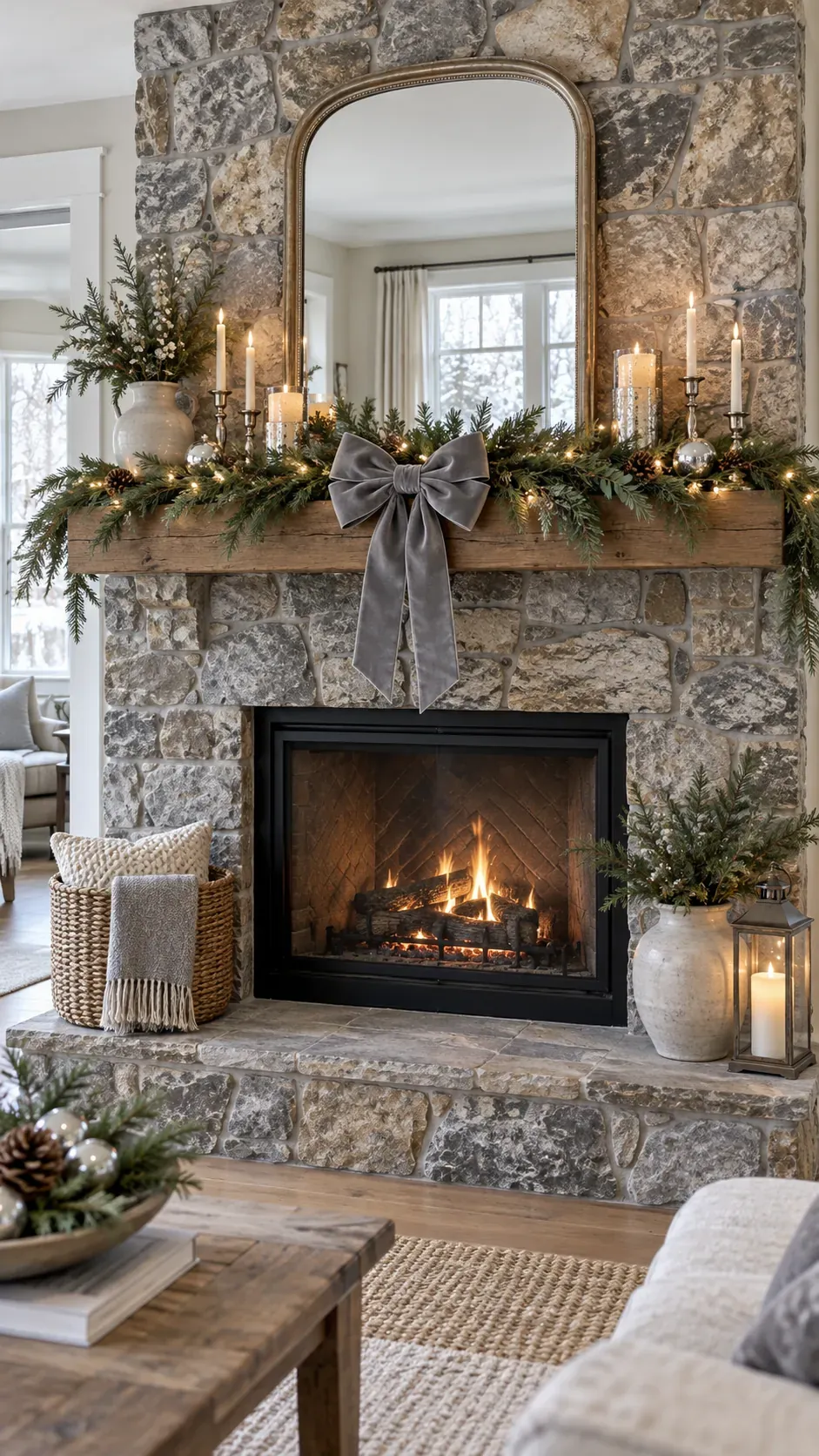 Set a Centered Velvet Bow Christmas mantel decor