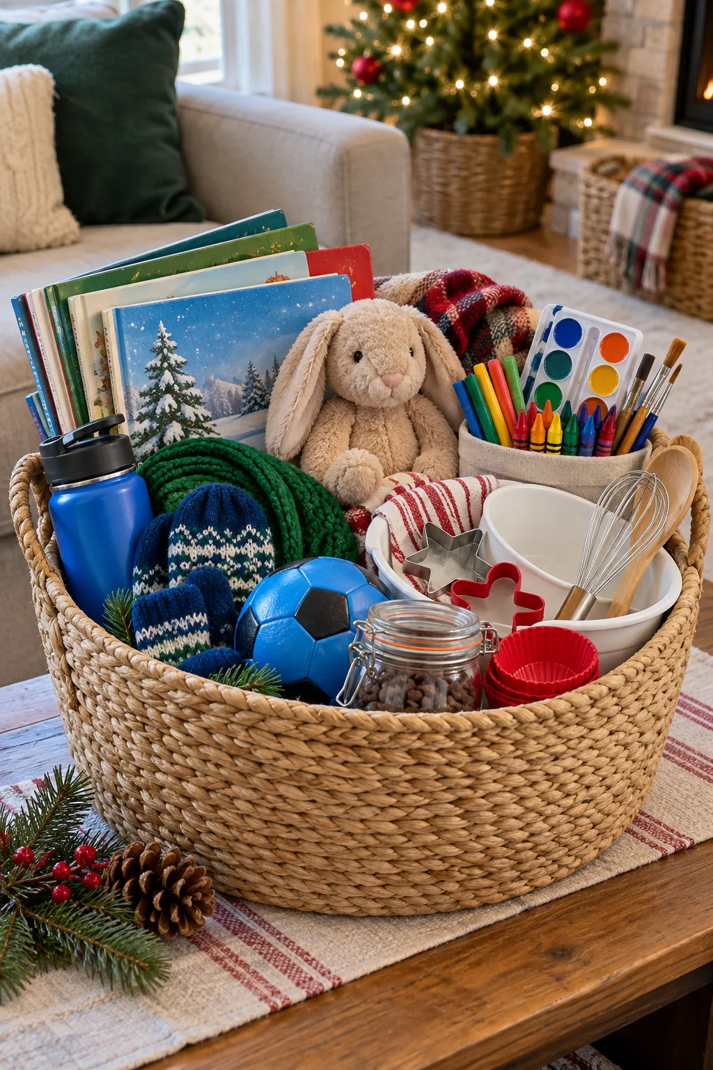 Christmas gift baskets for kids with creative, practical, and low clutter themes