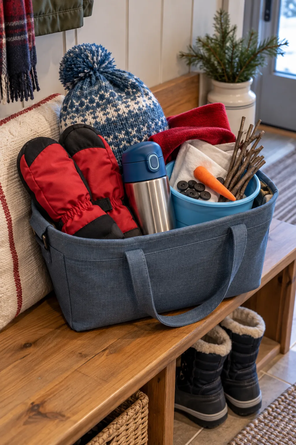Snow Day Adventure Basket arranged as a Christmas gift basket for kids
