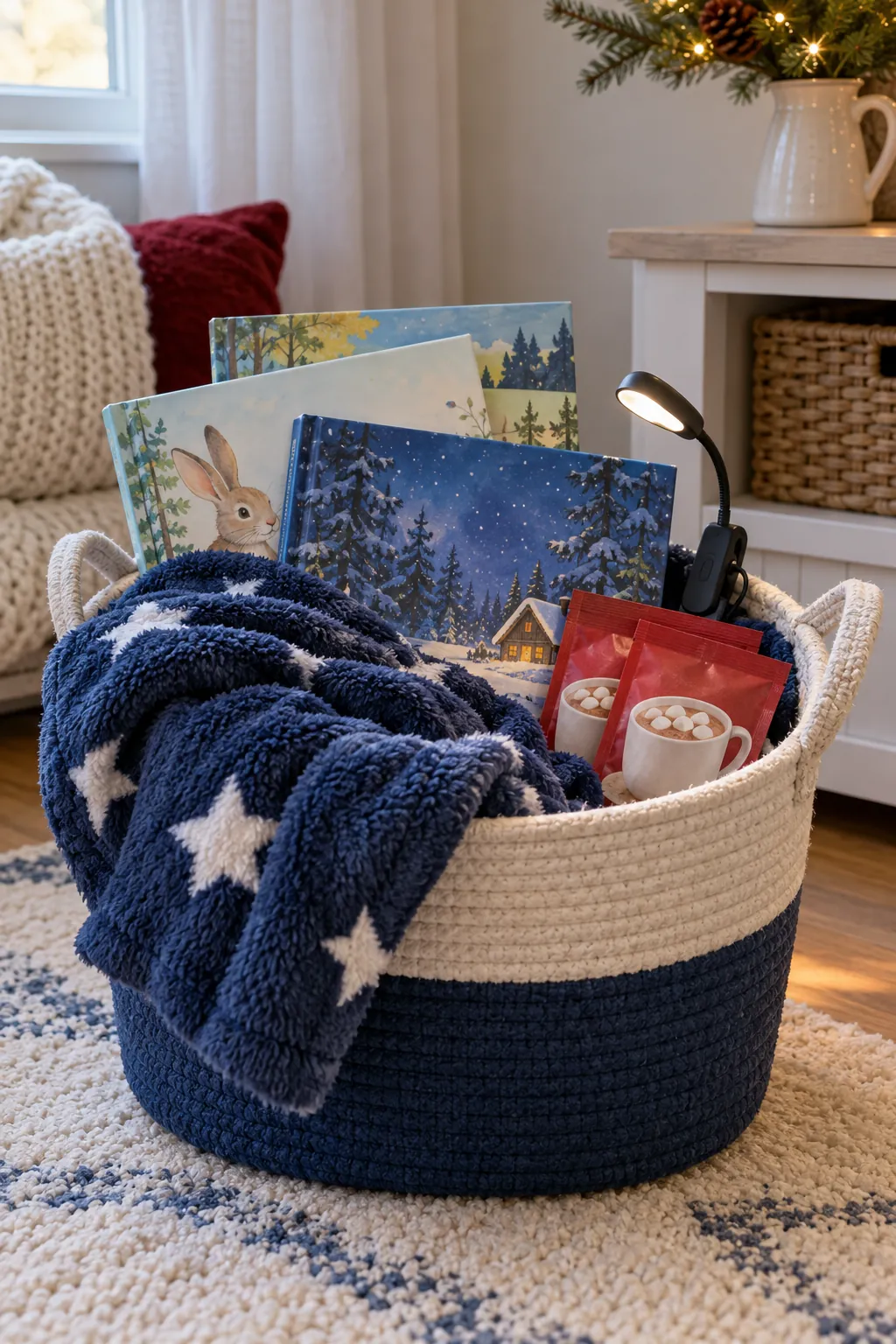 Cozy Reading Basket arranged as a Christmas gift basket for kids