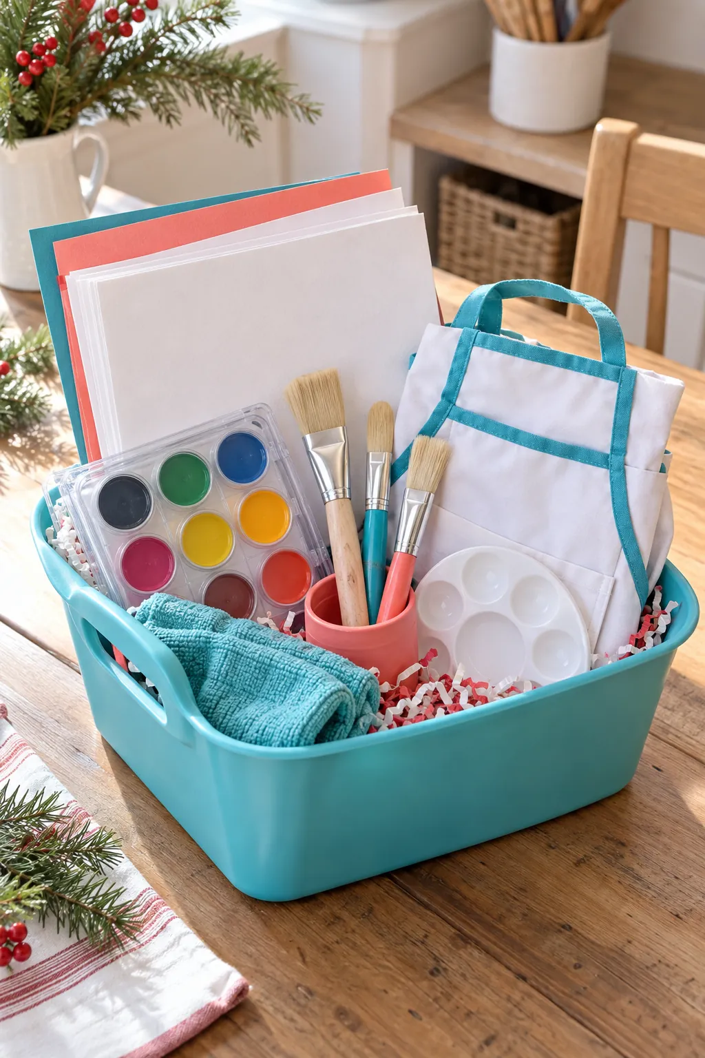 Little Artist Basket arranged as a Christmas gift basket for kids