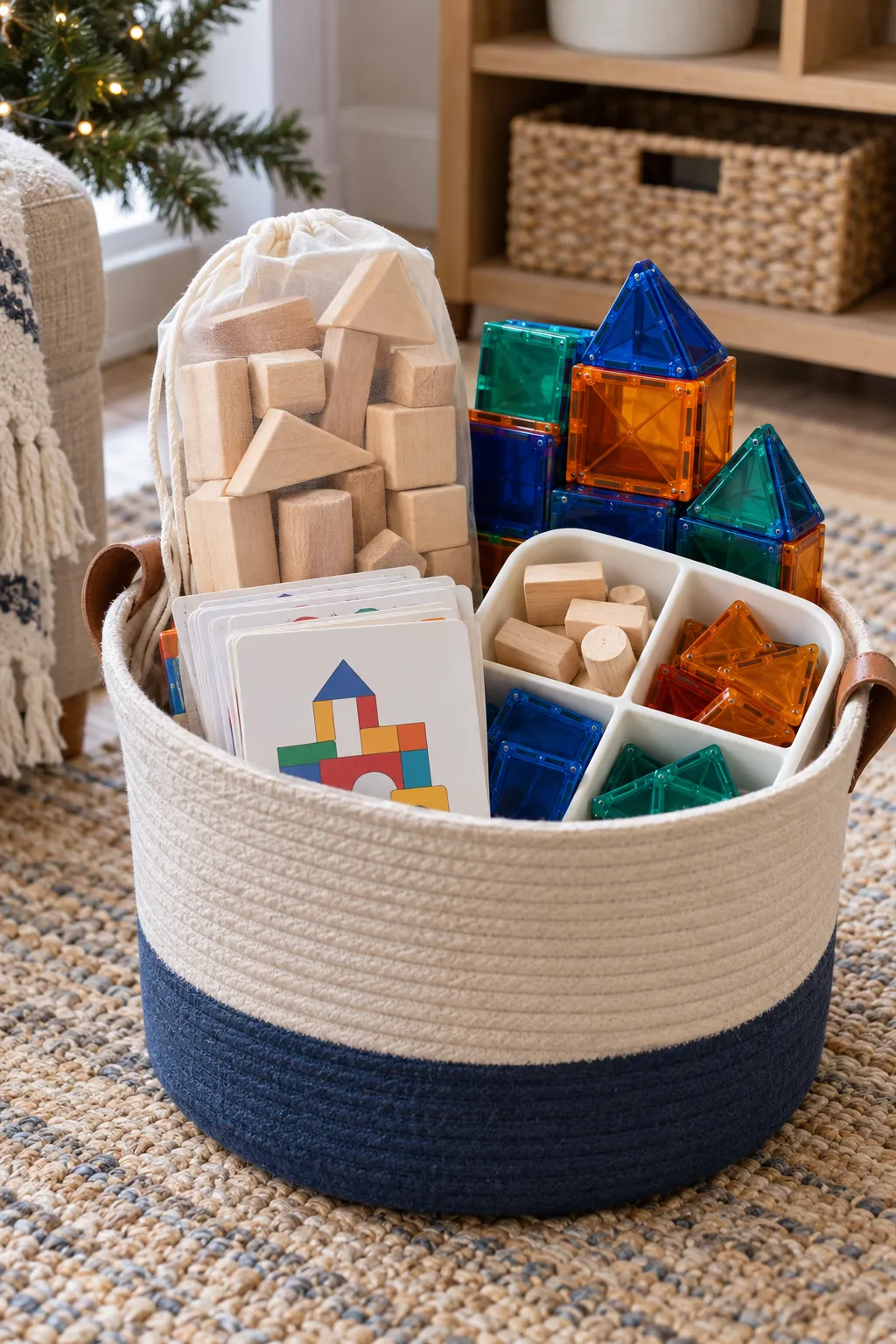 Building Challenge Basket arranged as a Christmas gift basket for kids