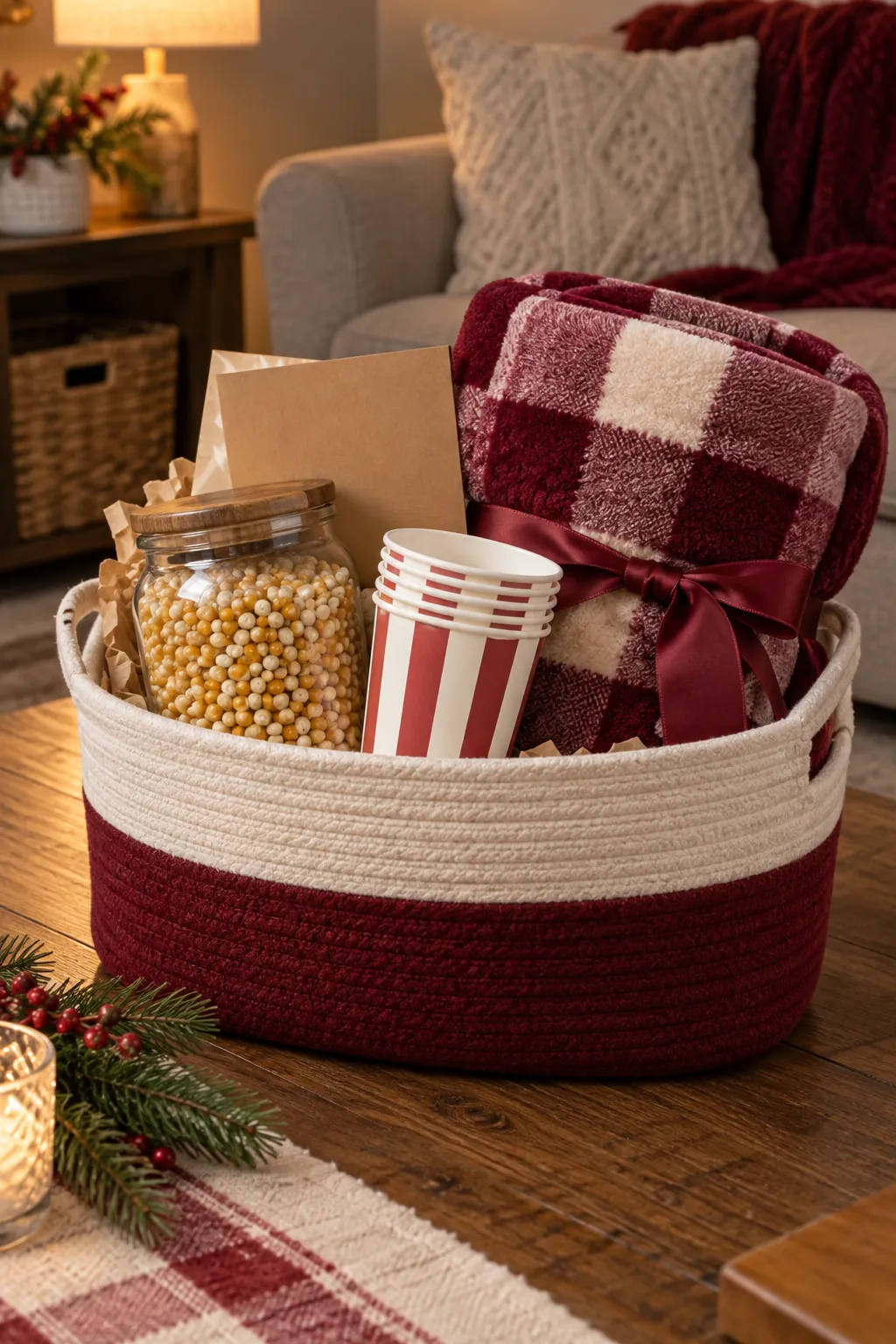 Movie Night Basket arranged as a Christmas gift basket for kids