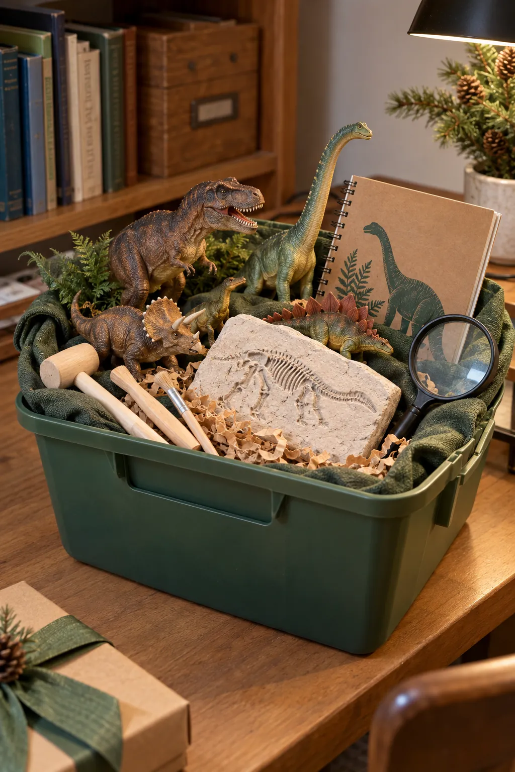 Dinosaur Discovery Basket arranged as a Christmas gift basket for kids