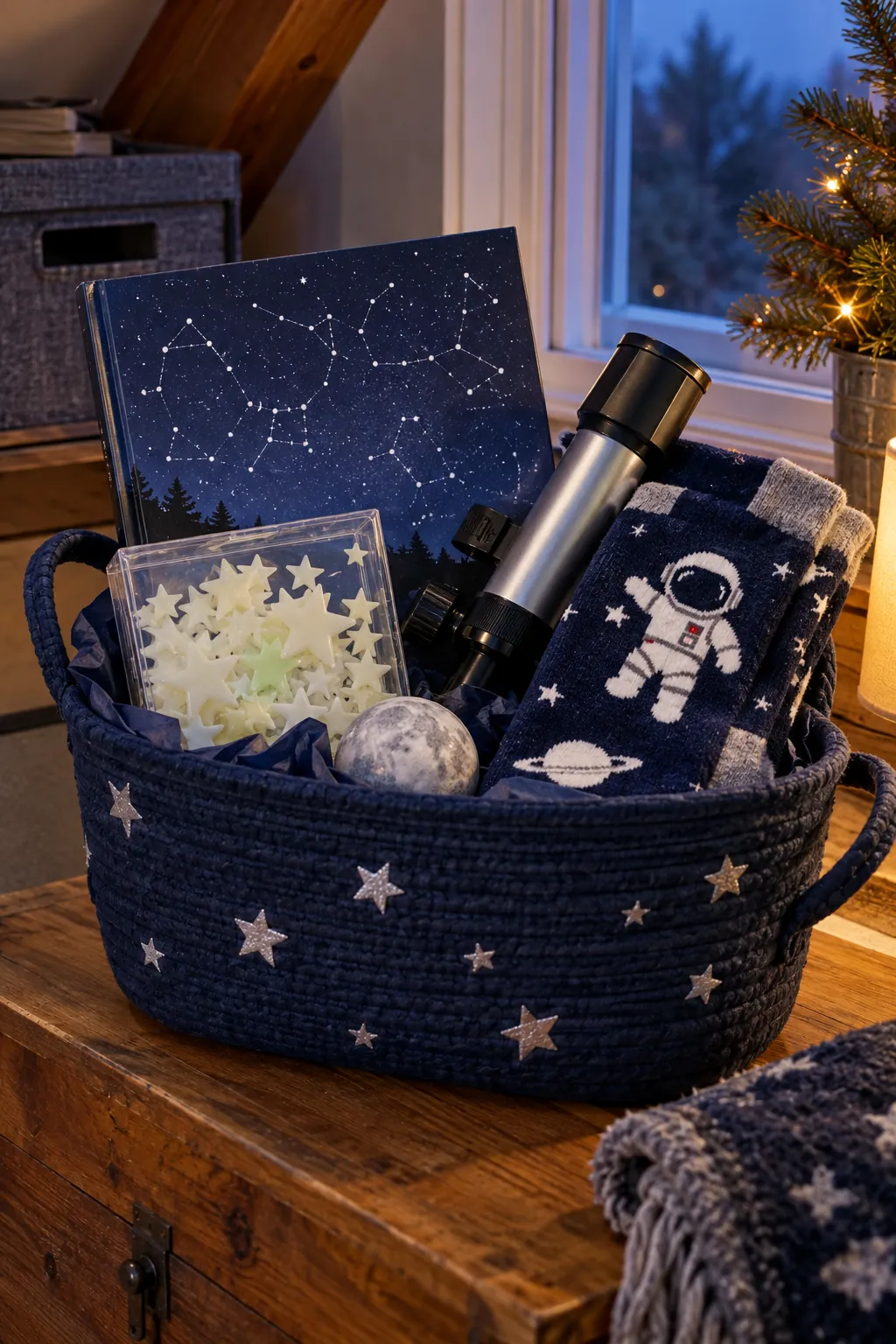 Space Explorer Basket arranged as a Christmas gift basket for kids