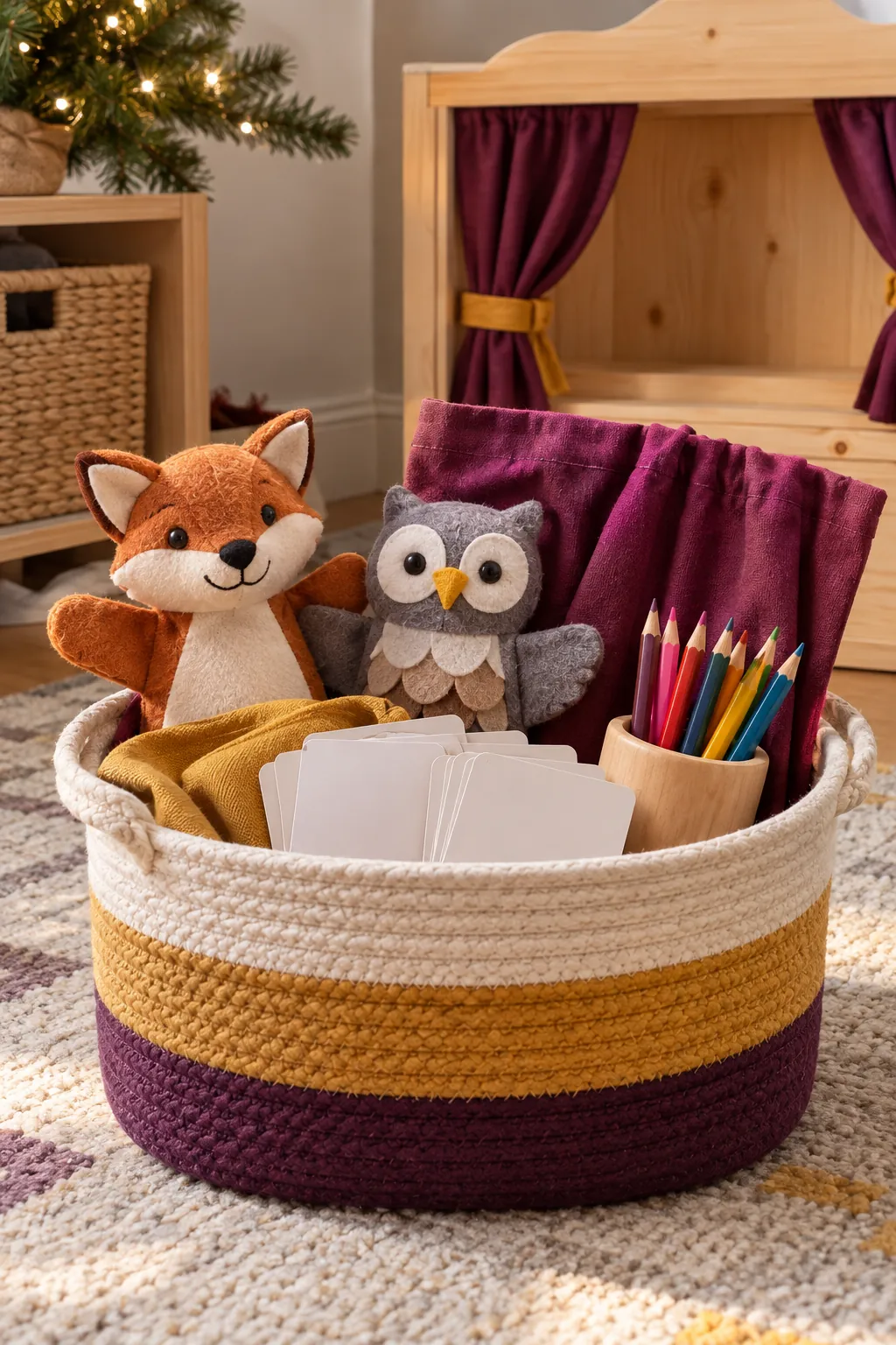 Puppet Story Basket arranged as a Christmas gift basket for kids