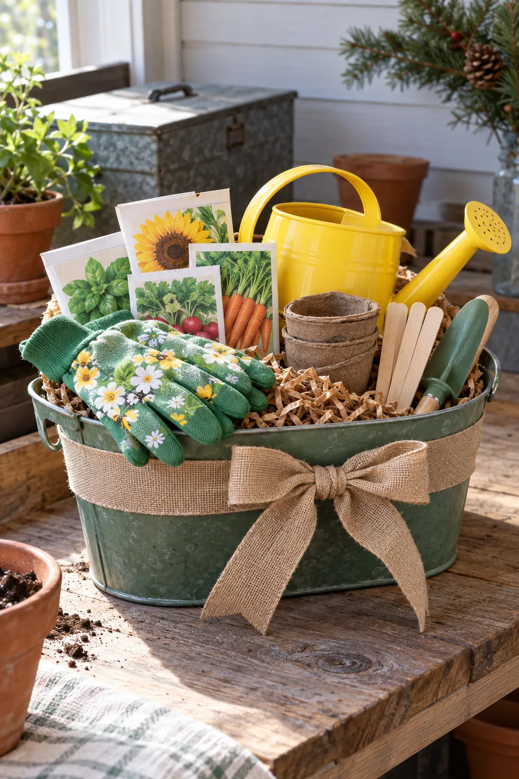Garden Starter Basket arranged as a Christmas gift basket for kids