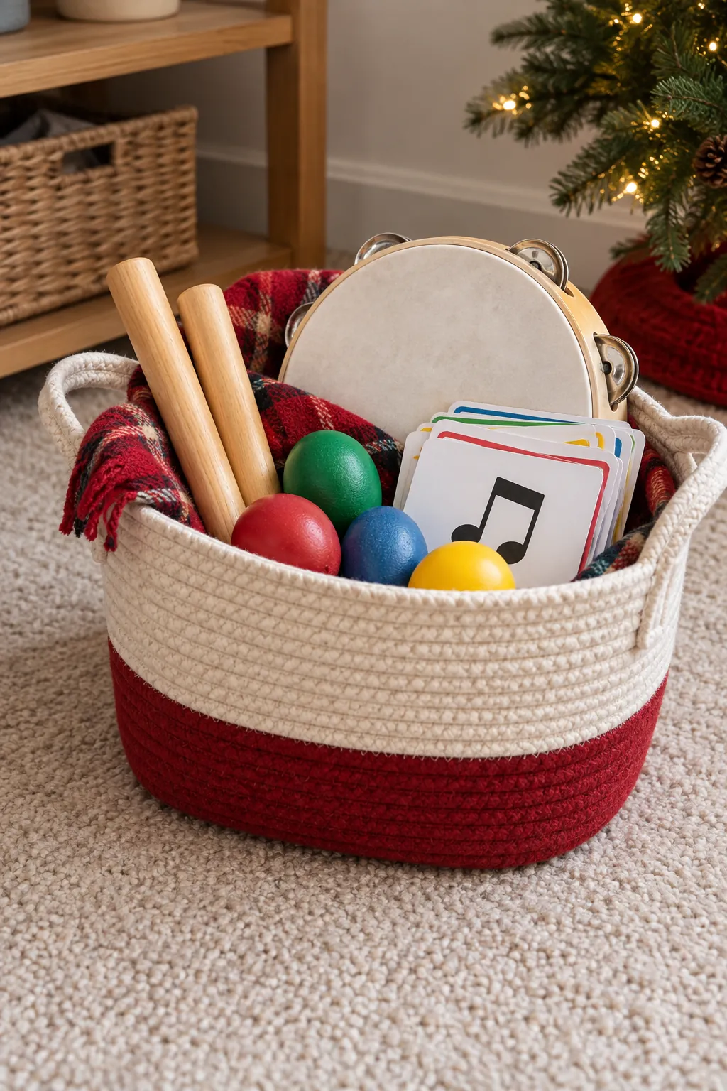 Music Maker Basket arranged as a Christmas gift basket for kids