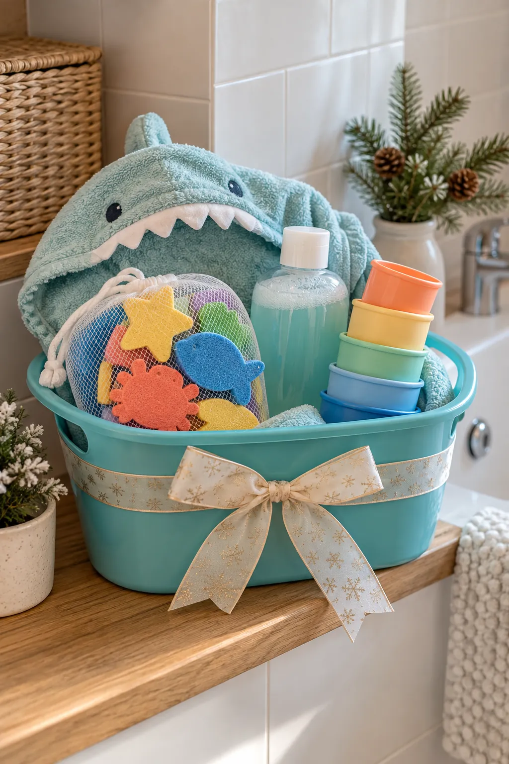 Bath Time Fun Basket arranged as a Christmas gift basket for kids