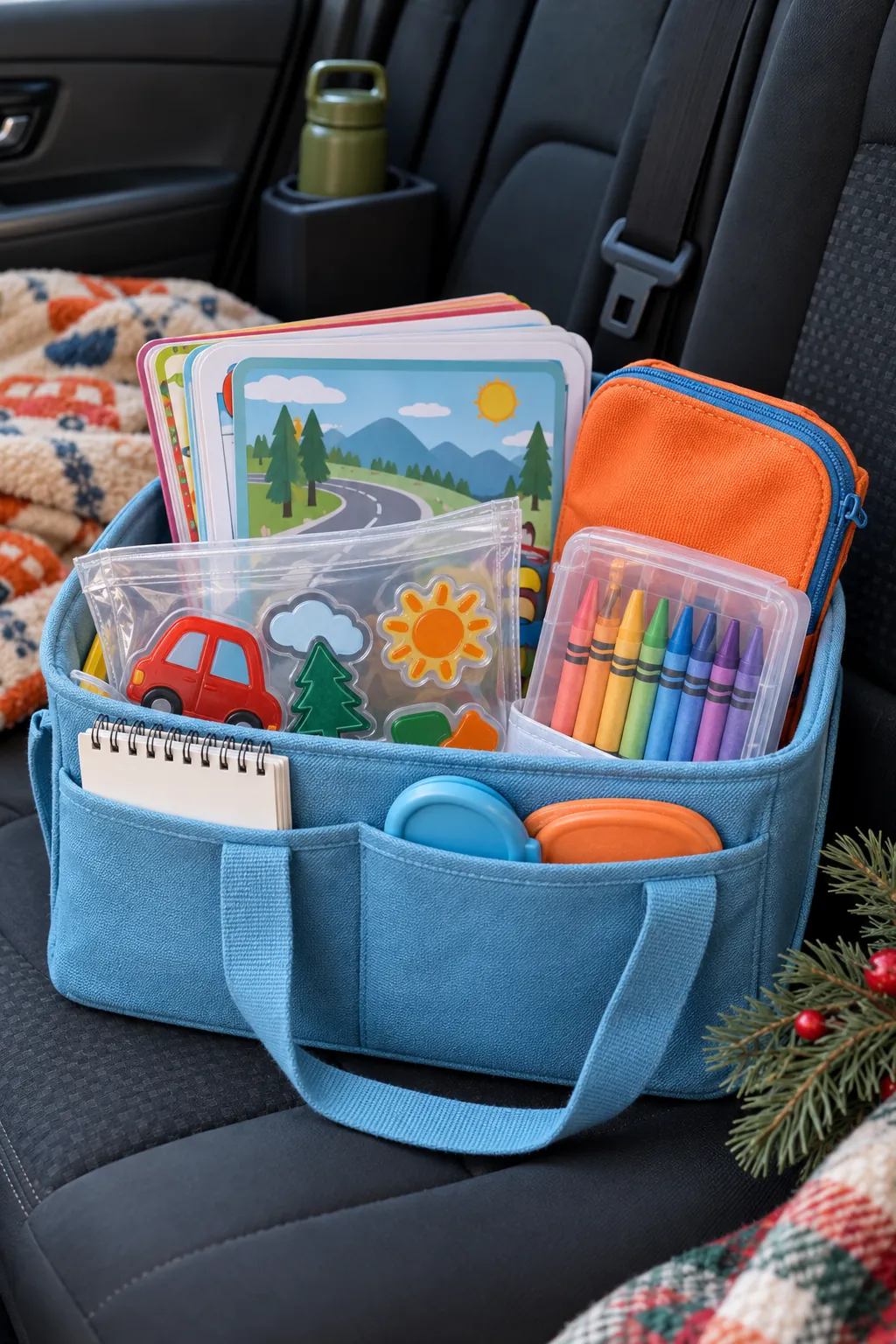 Road Trip Quiet Basket arranged as a Christmas gift basket for kids