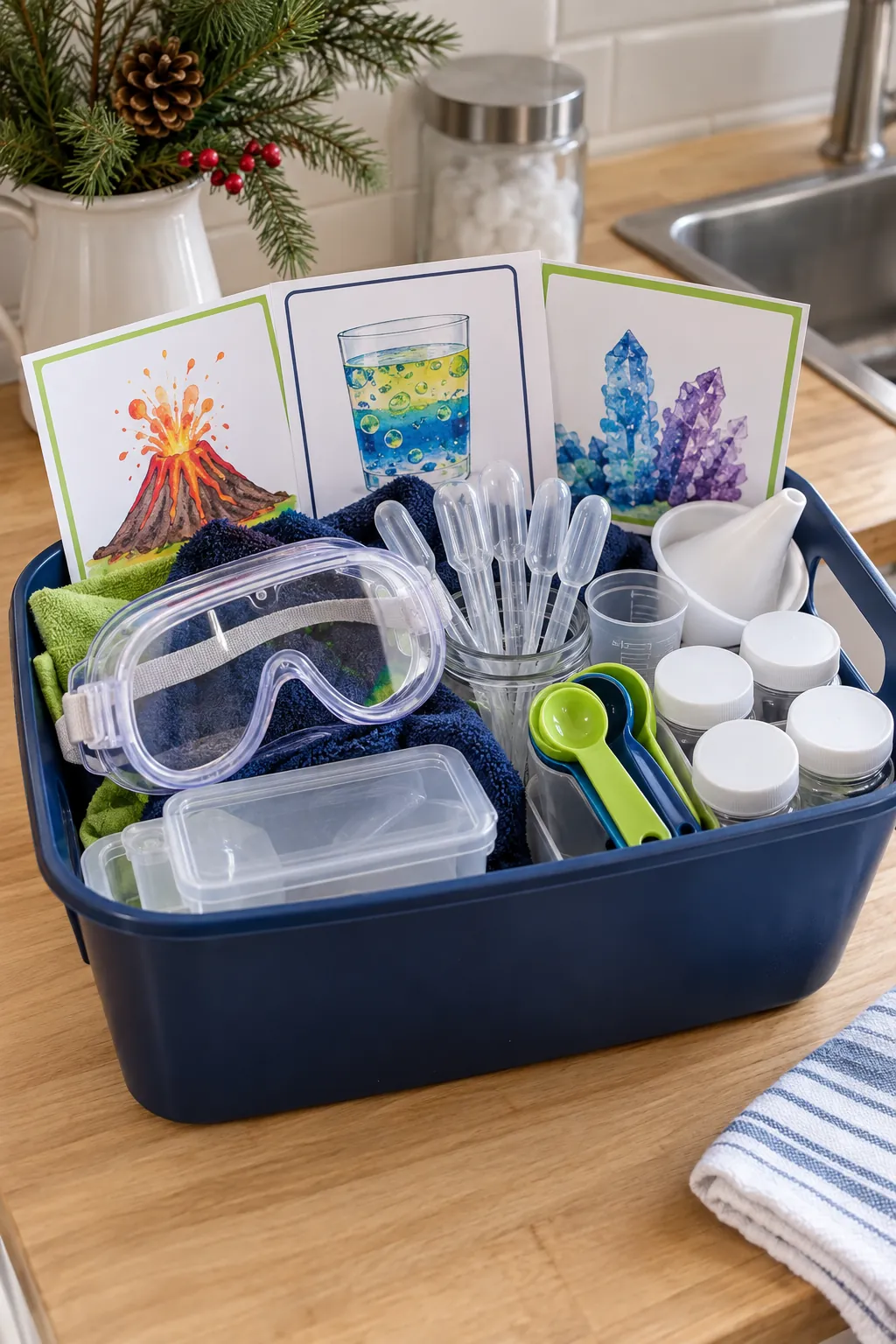 Science Experiment Basket arranged as a Christmas gift basket for kids