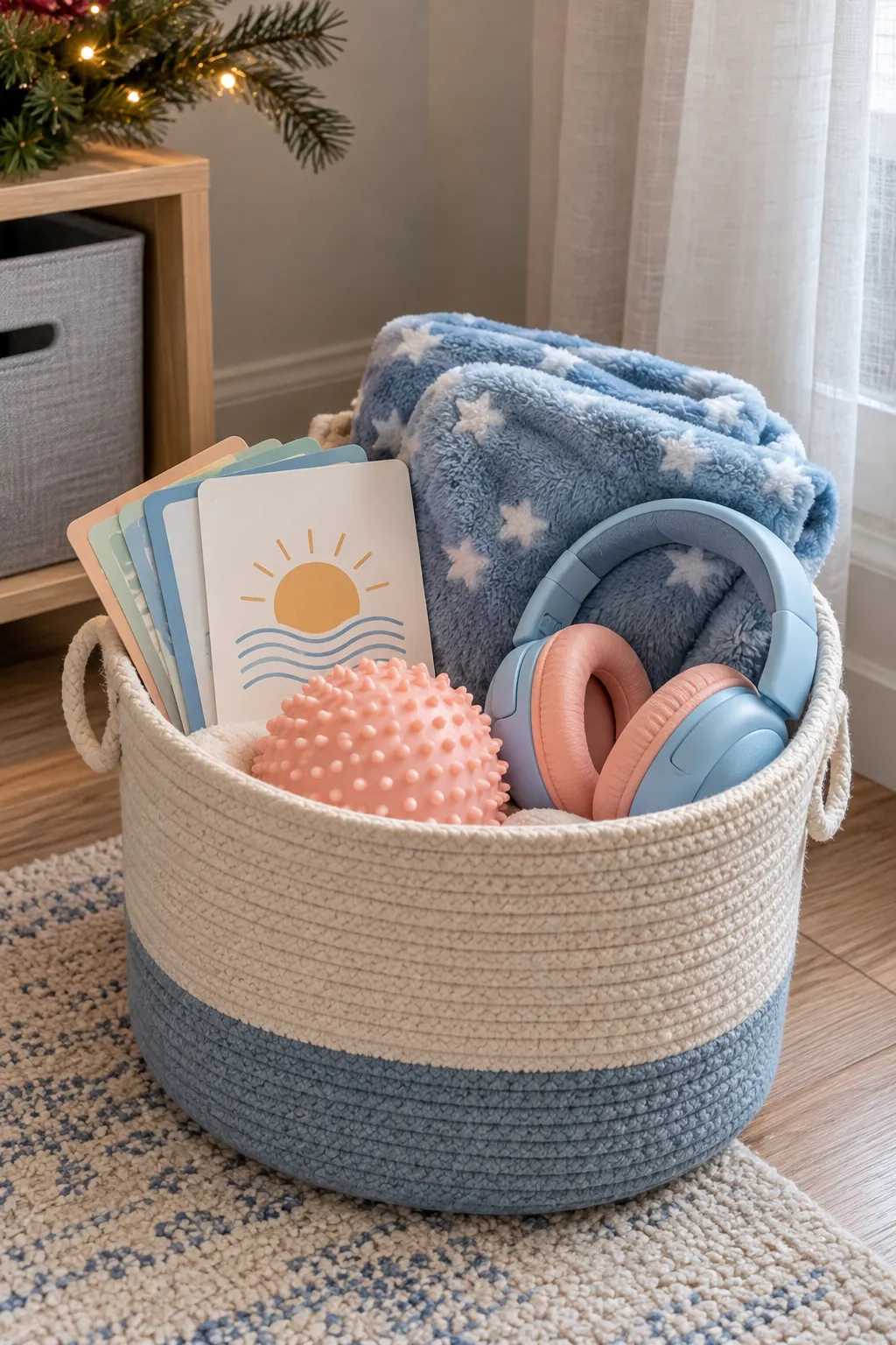 Calm Corner Basket arranged as a Christmas gift basket for kids