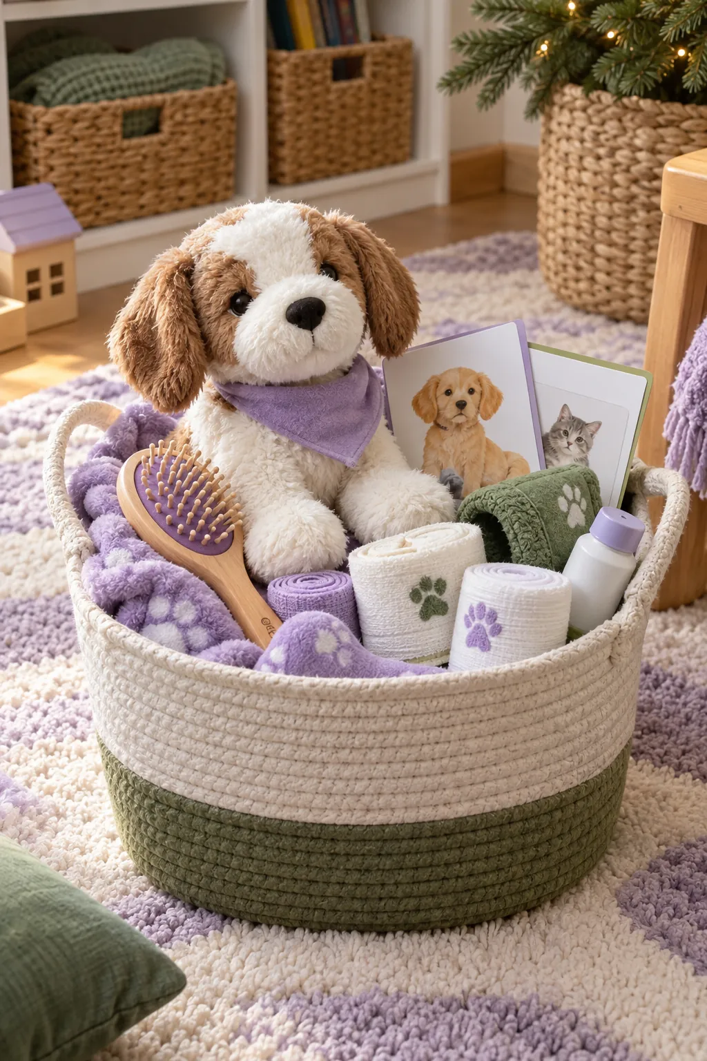 Animal Care Basket arranged as a Christmas gift basket for kids