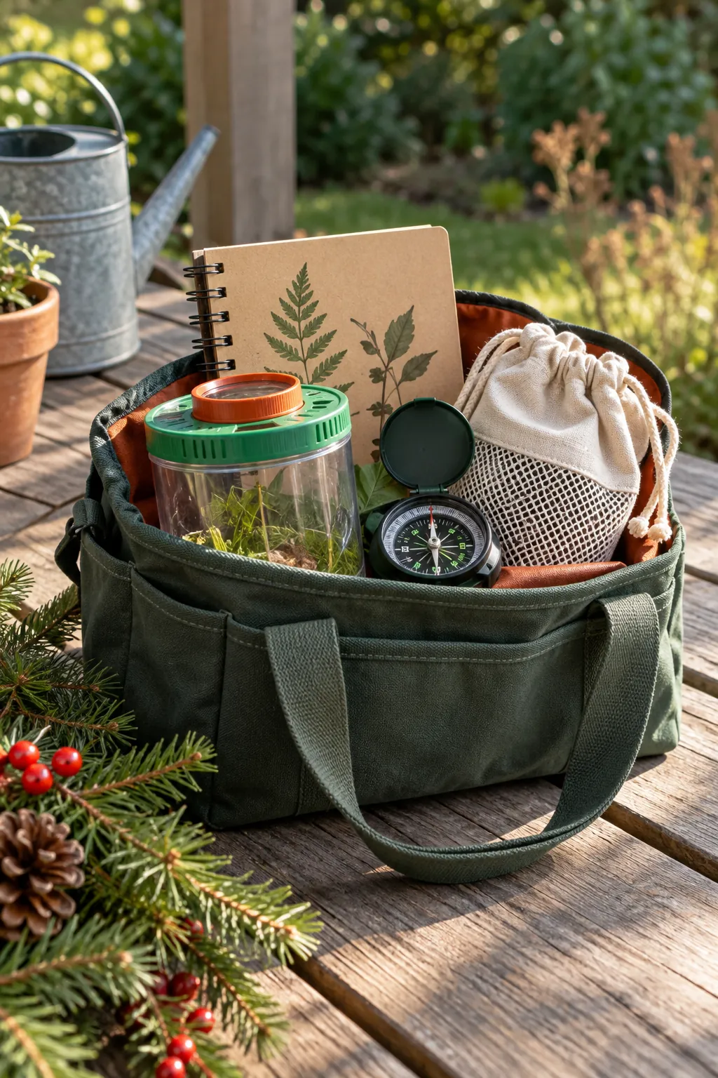 Outdoor Explorer Basket arranged as a Christmas gift basket for kids