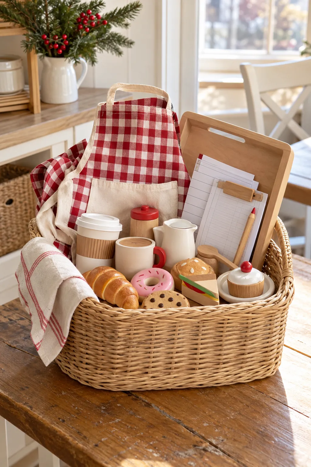 Pretend Cafe Basket arranged as a Christmas gift basket for kids