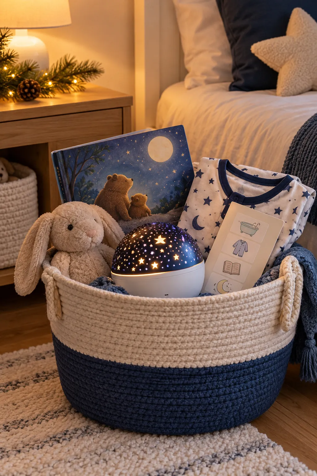 Bedtime Wind Down Basket arranged as a Christmas gift basket for kids