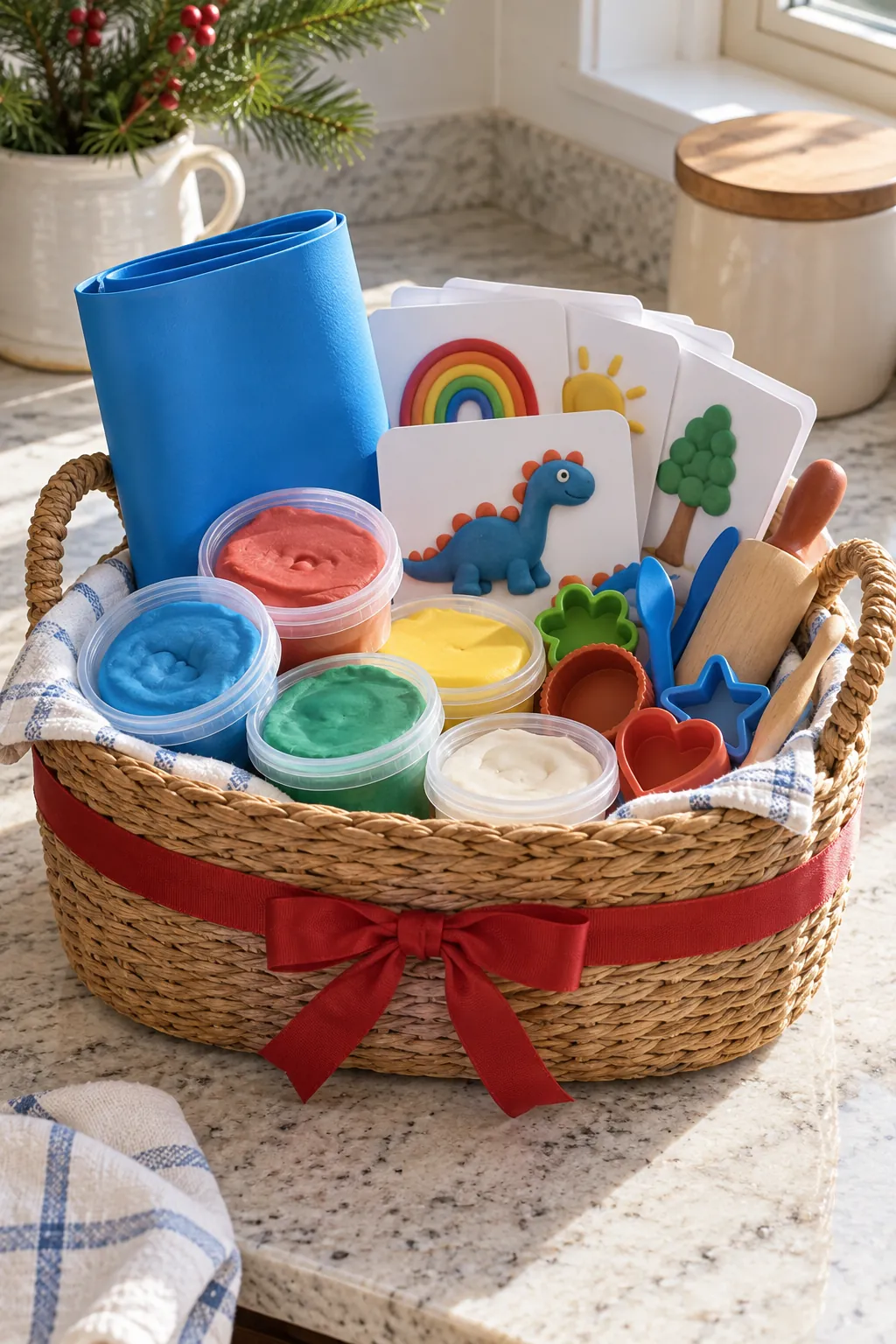 Clay Play Basket arranged as a Christmas gift basket for kids