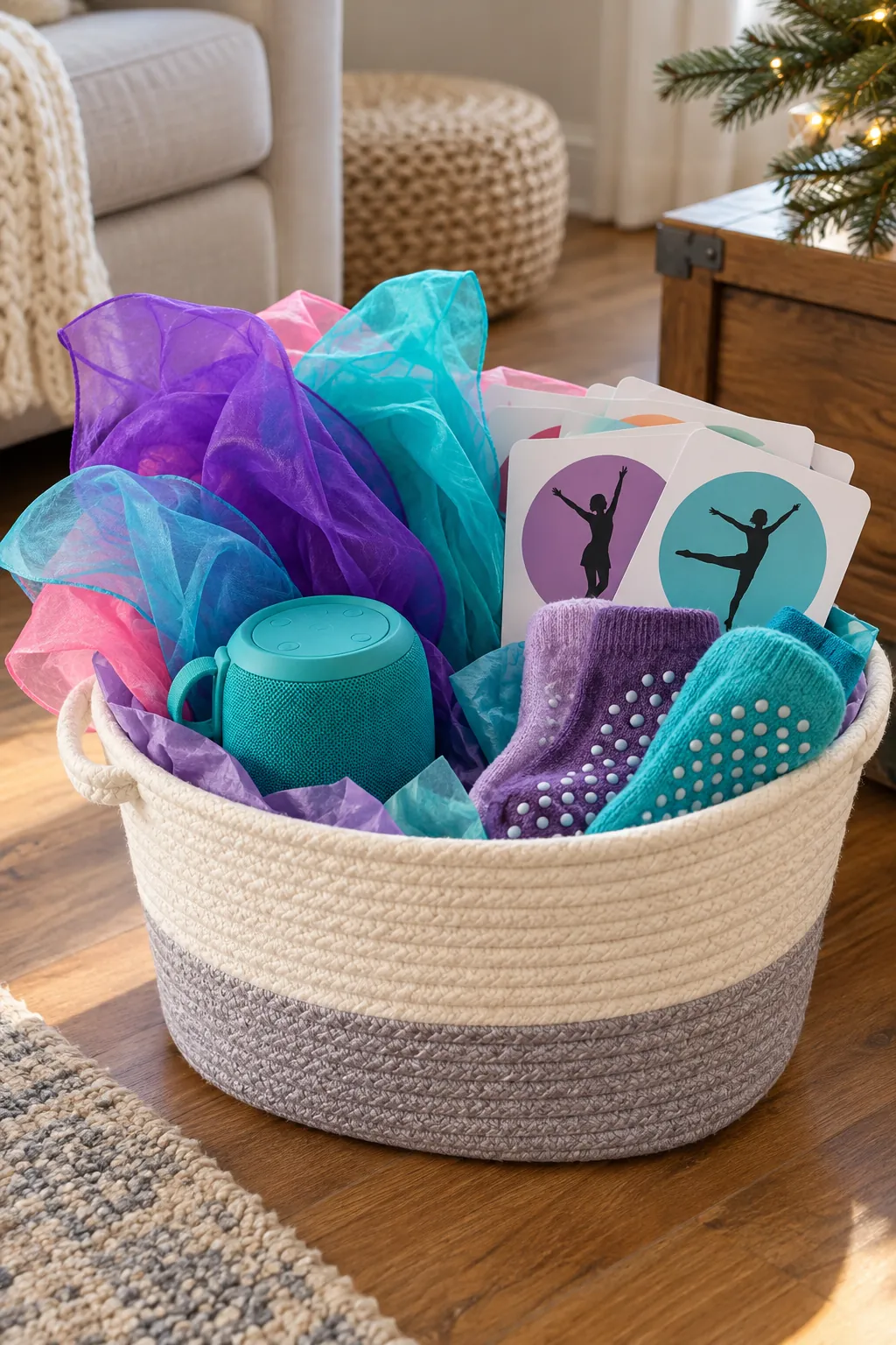 Dance Party Basket arranged as a Christmas gift basket for kids