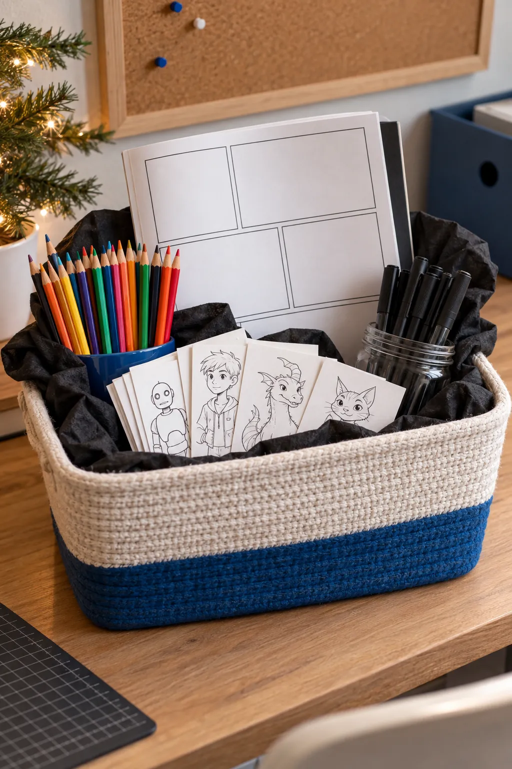 Comic Creator Basket arranged as a Christmas gift basket for kids