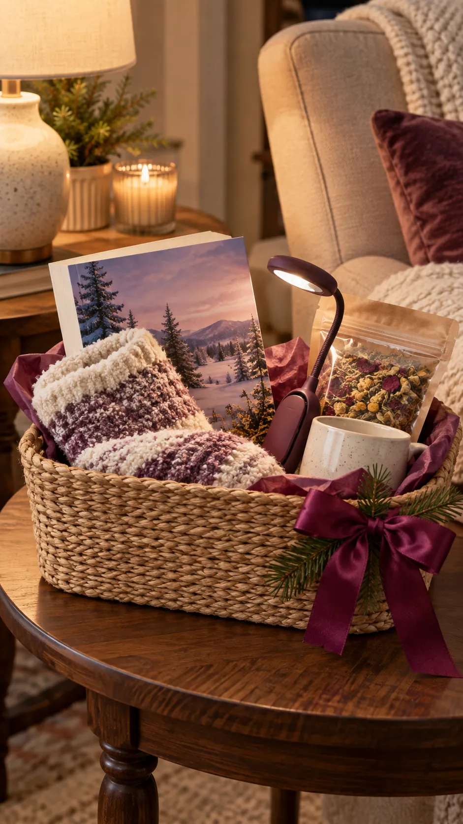 Cozy Reading Basket arranged as a teacher Christmas gift basket