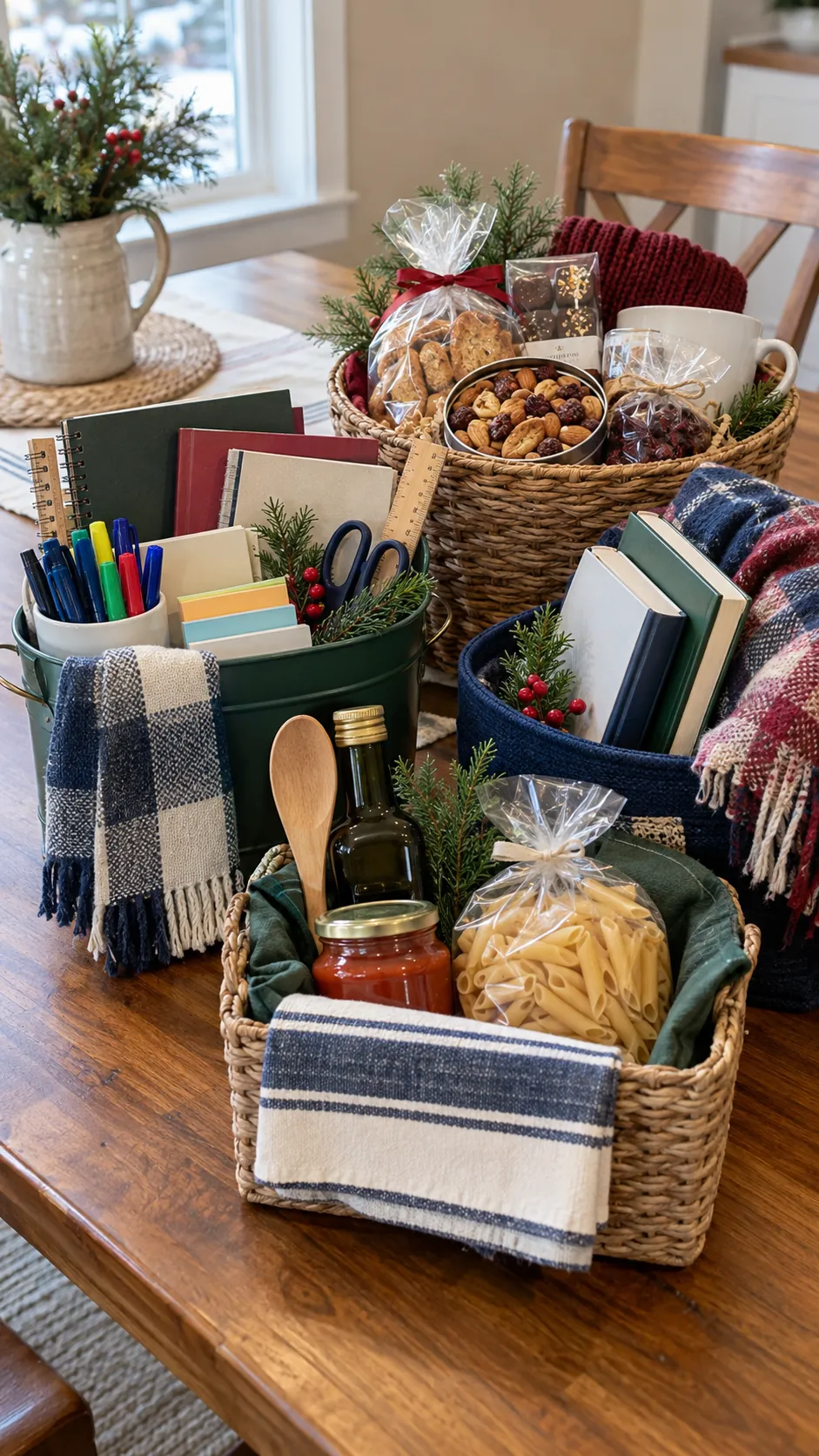 Teacher Christmas gift baskets with useful supplies, treats, and appreciation notes