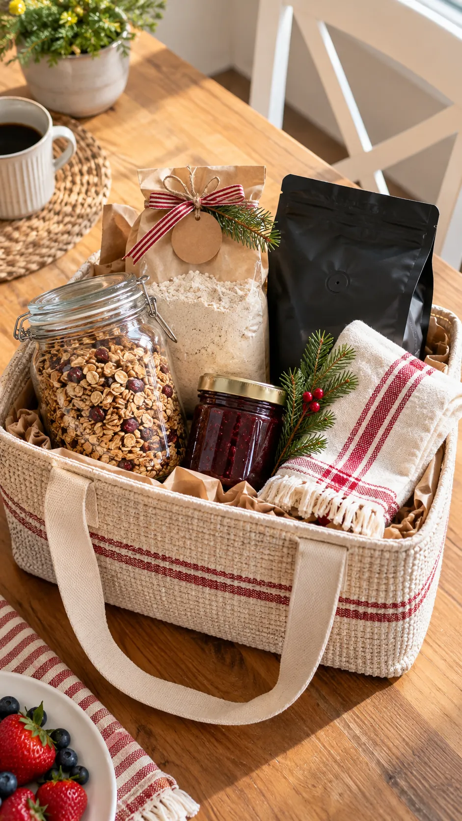 Breakfast Morning Basket arranged as a teacher Christmas gift basket