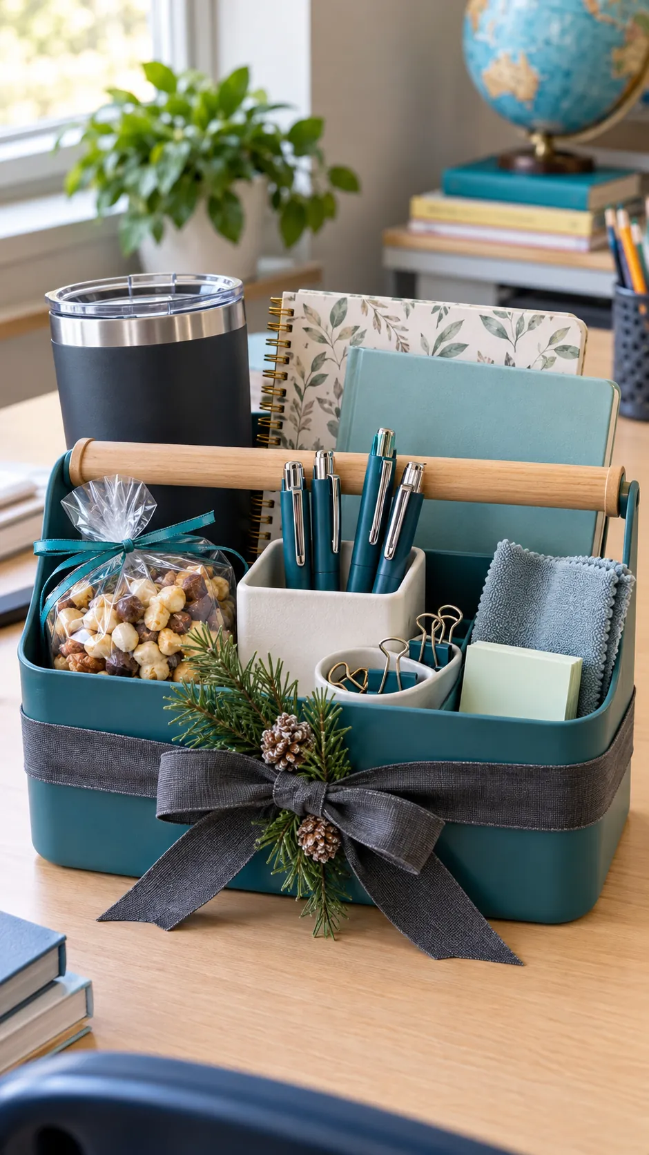 Desk Reset Basket arranged as a teacher Christmas gift basket
