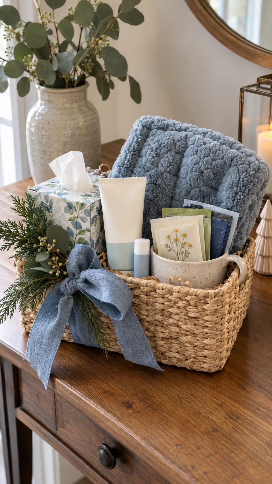 Winter Wellness Basket arranged as a teacher Christmas gift basket