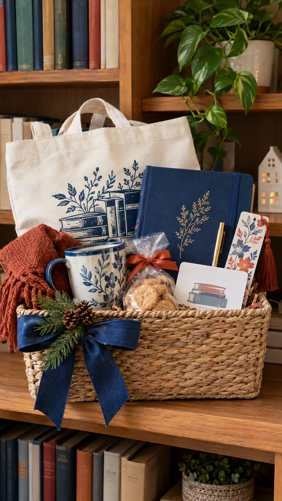 Library Lover Basket arranged as a teacher Christmas gift basket