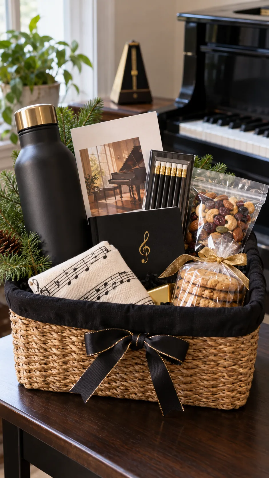 Music Teacher Basket arranged as a teacher Christmas gift basket
