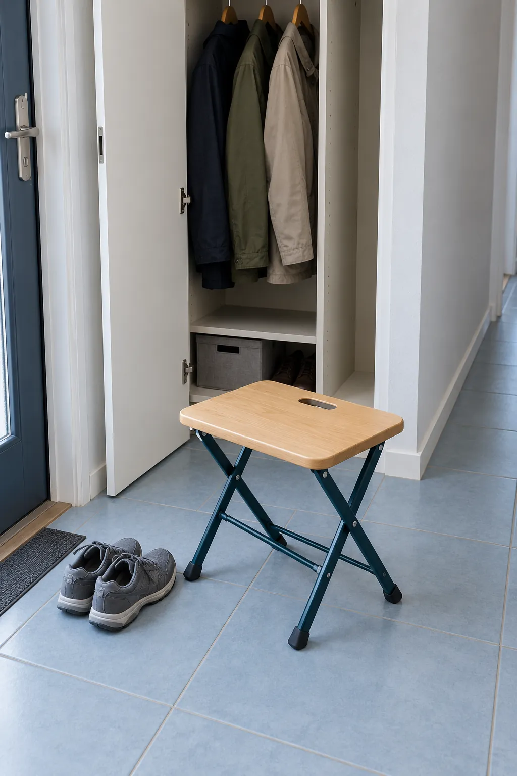 Folding stool opened beside an apartment coat closet