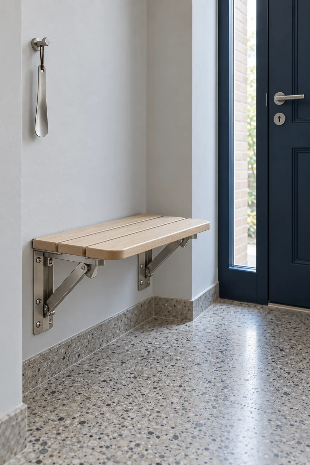 Compact folding wall seat with visible support hardware beside a clear entrance