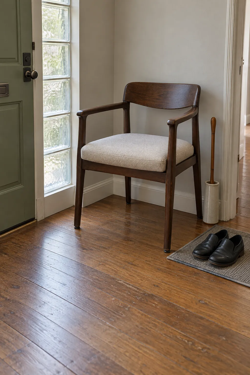Small firm chair with arms placed beyond an entry door swing