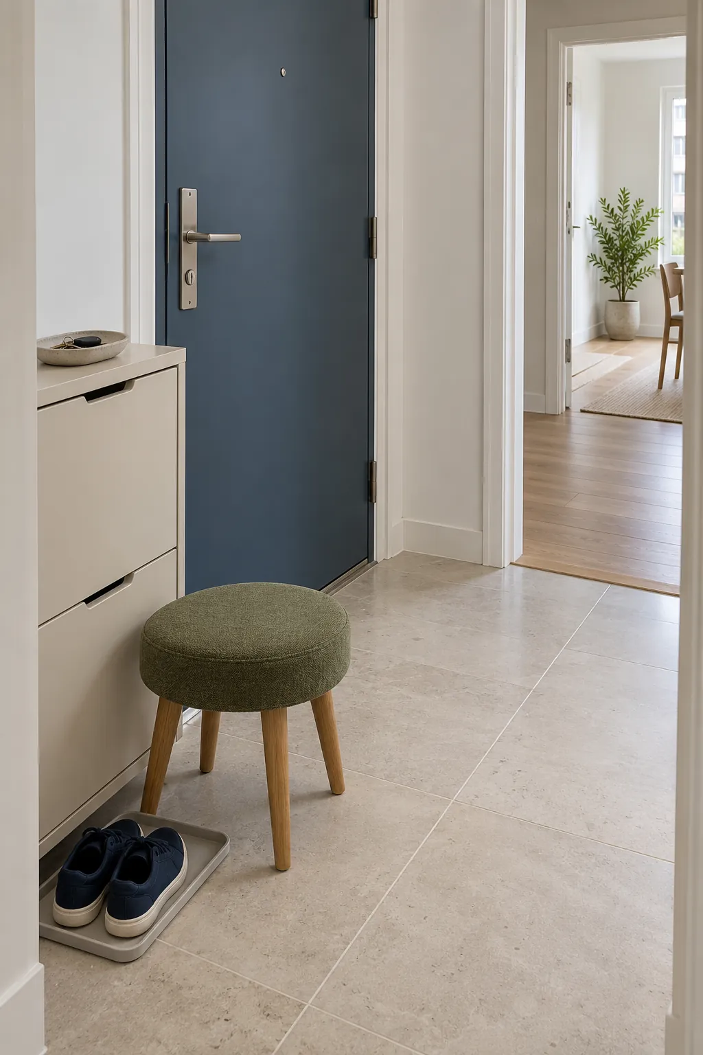 Compact entryway with a single green seat and a clear path to the door