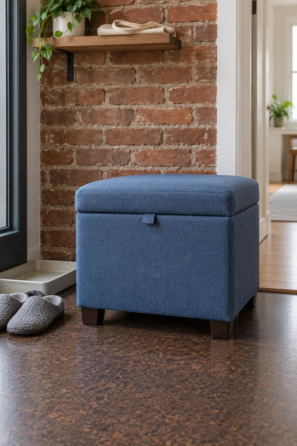 Compact fabric storage ottoman beside dry slippers and a small entrance tray