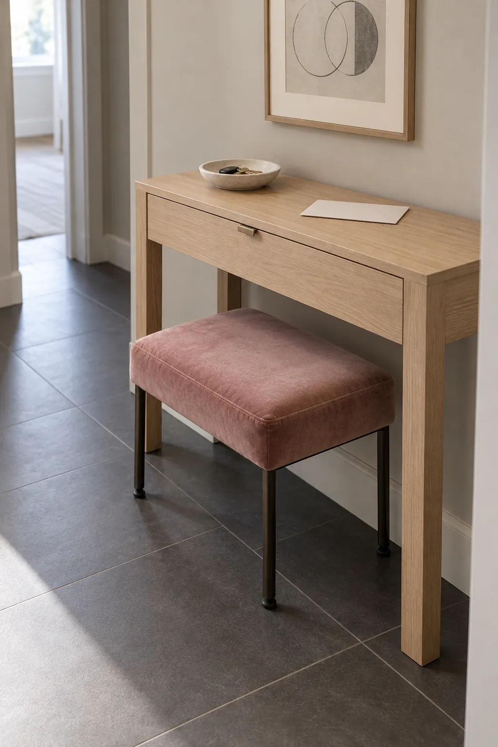 Upholstered stool partly pulled from the open space beneath a narrow console