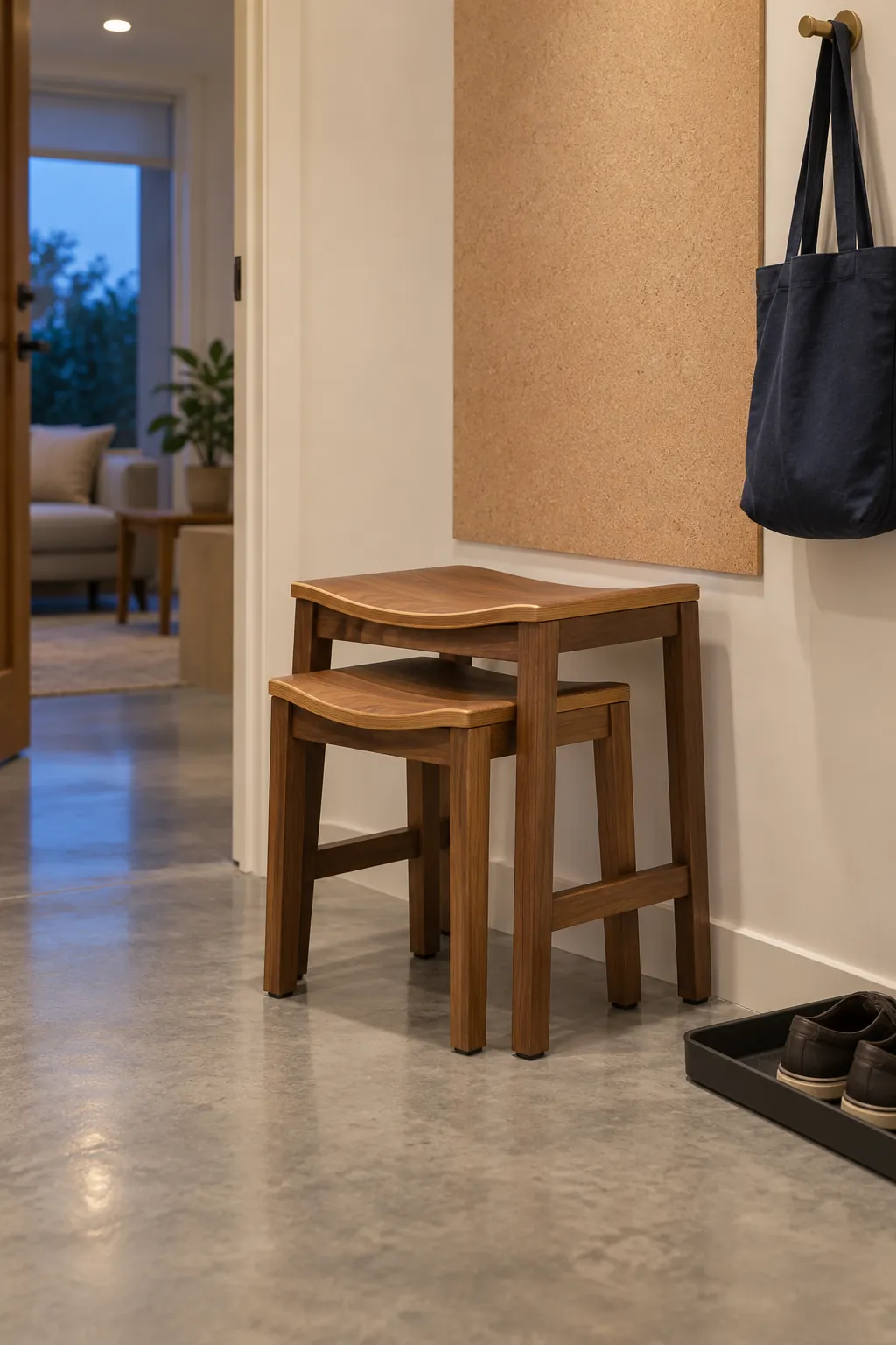 Two nested wooden seating stools beside the edge of a small foyer