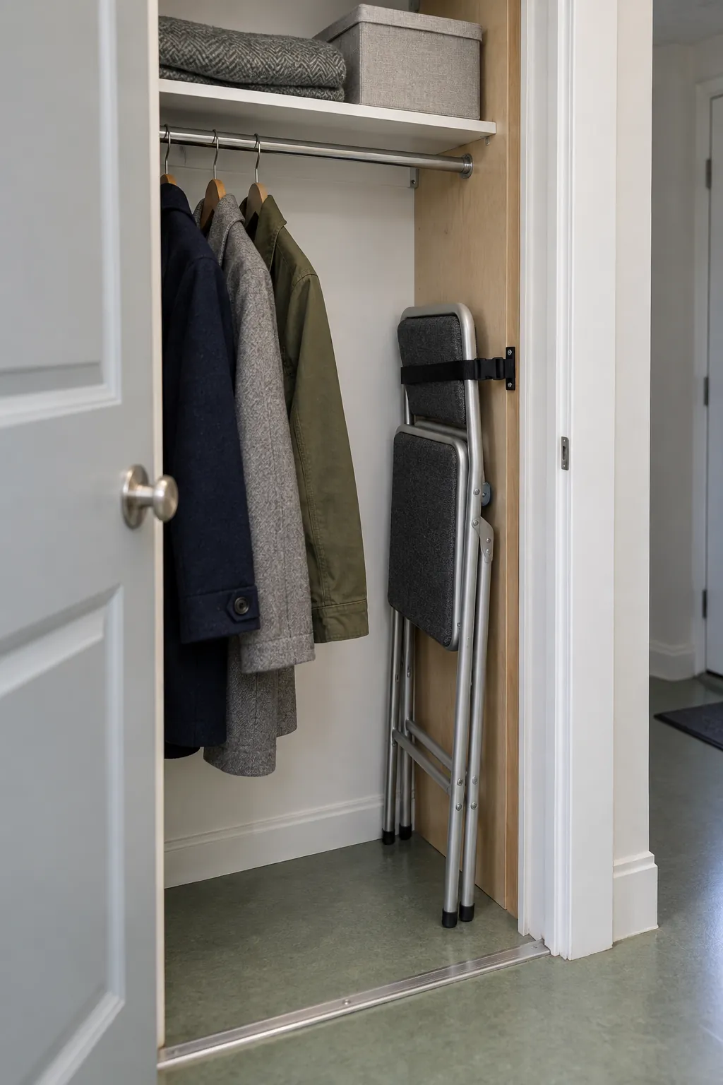 Slim folding chair secured upright in a coat closet beside the entrance