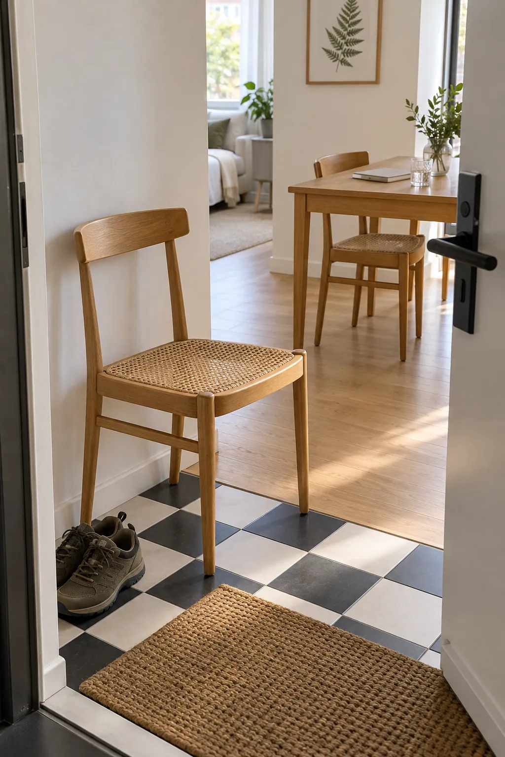 Dining chair positioned near an open plan apartment entrance
