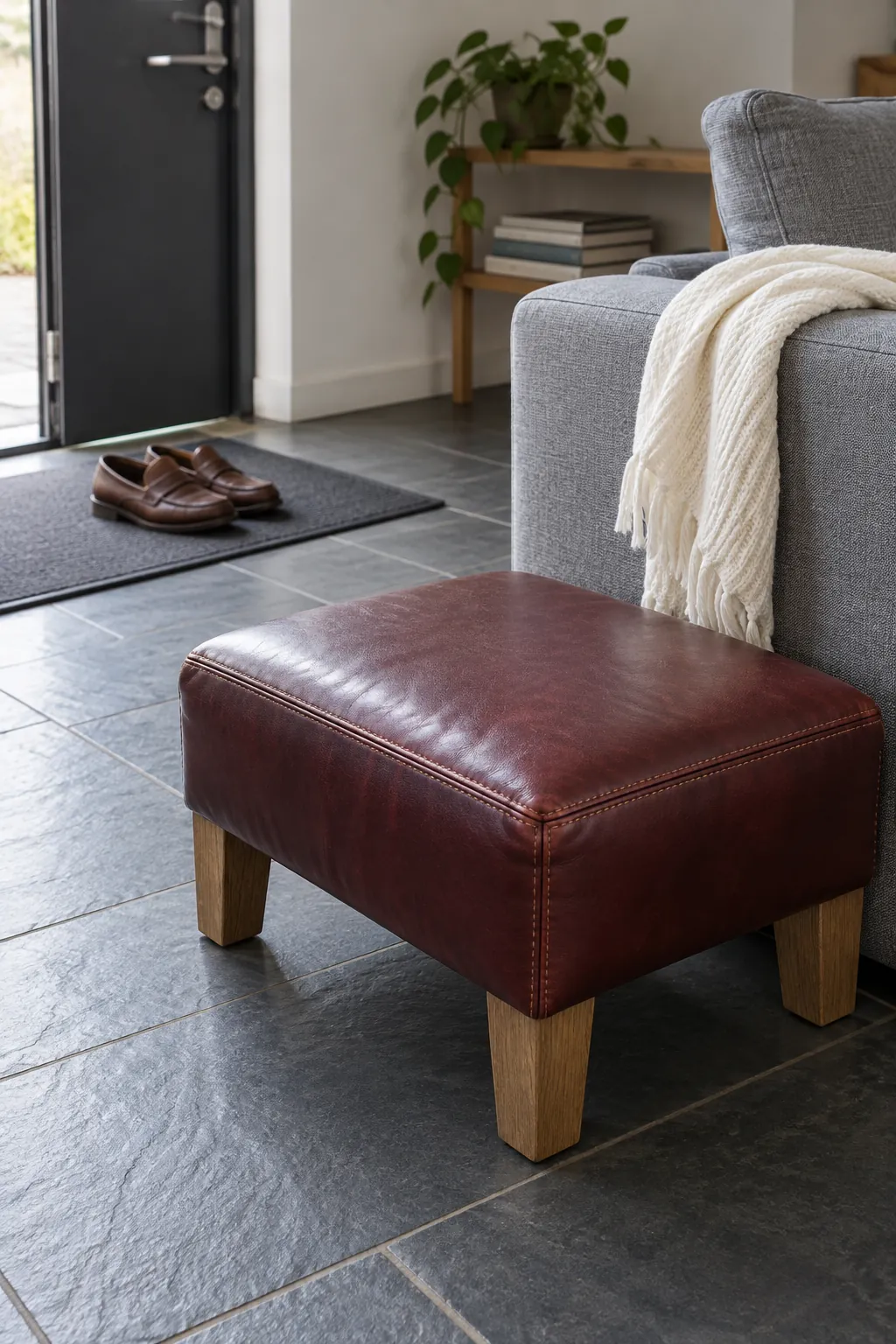 Firm leather footstool used as a shoe seat at the edge of a living room