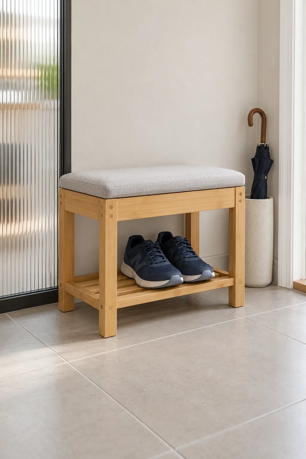 Single wooden entry seat with one pair of shoes on its lower shelf