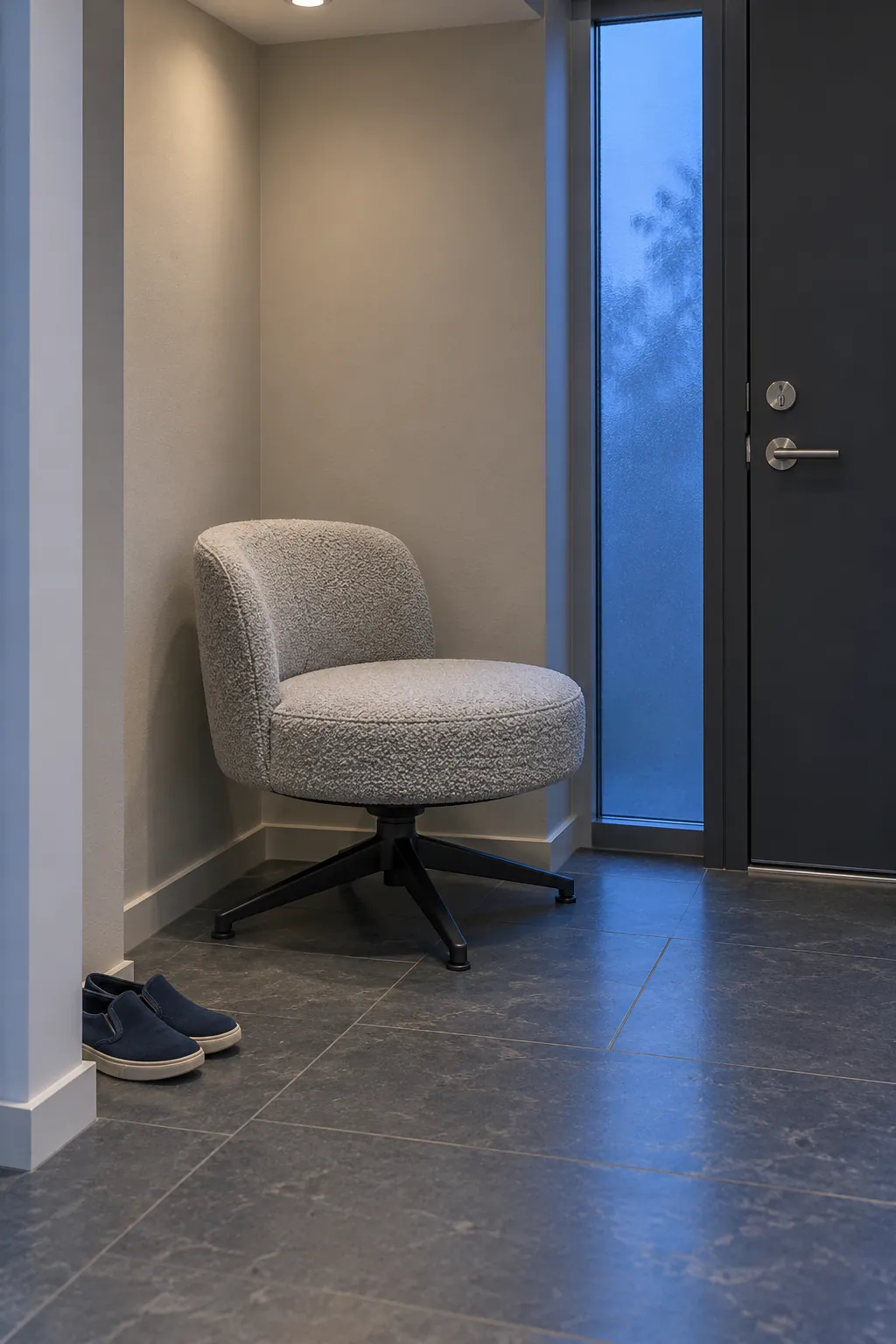 Compact swivel seat on a stable fixed base in a recessed foyer corner