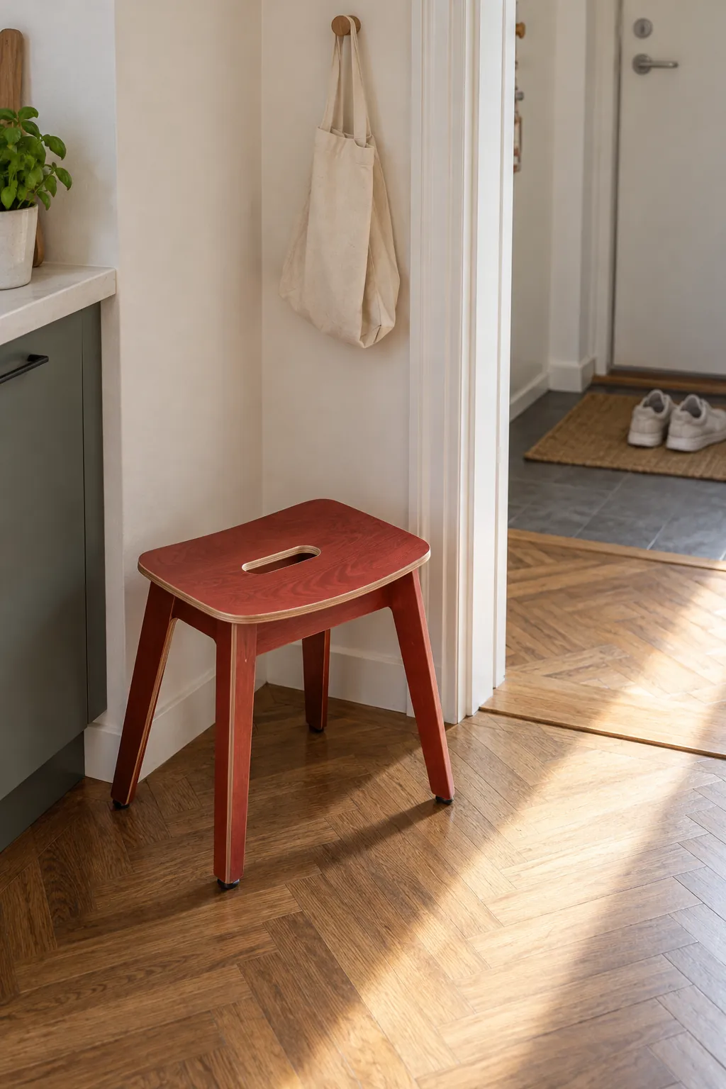 Lightweight wooden stool with a handhold parked beside an interior doorway