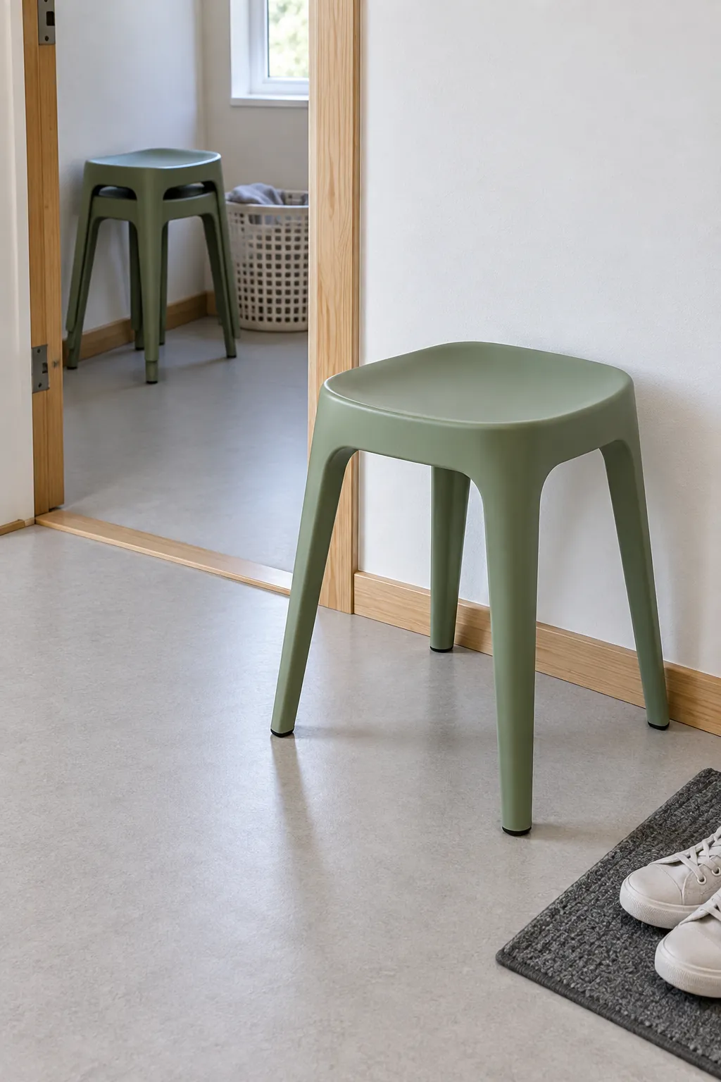 Single stackable stool near a hallway with spare stools stored in an adjacent room