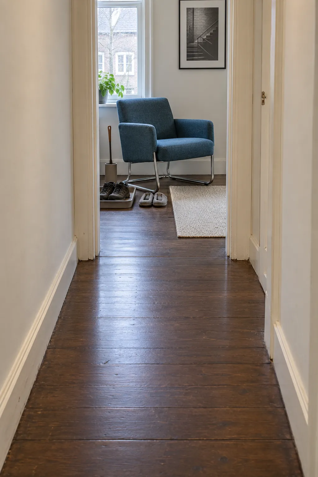 Existing chair with a shoe tray beyond a clear narrow entrance hall