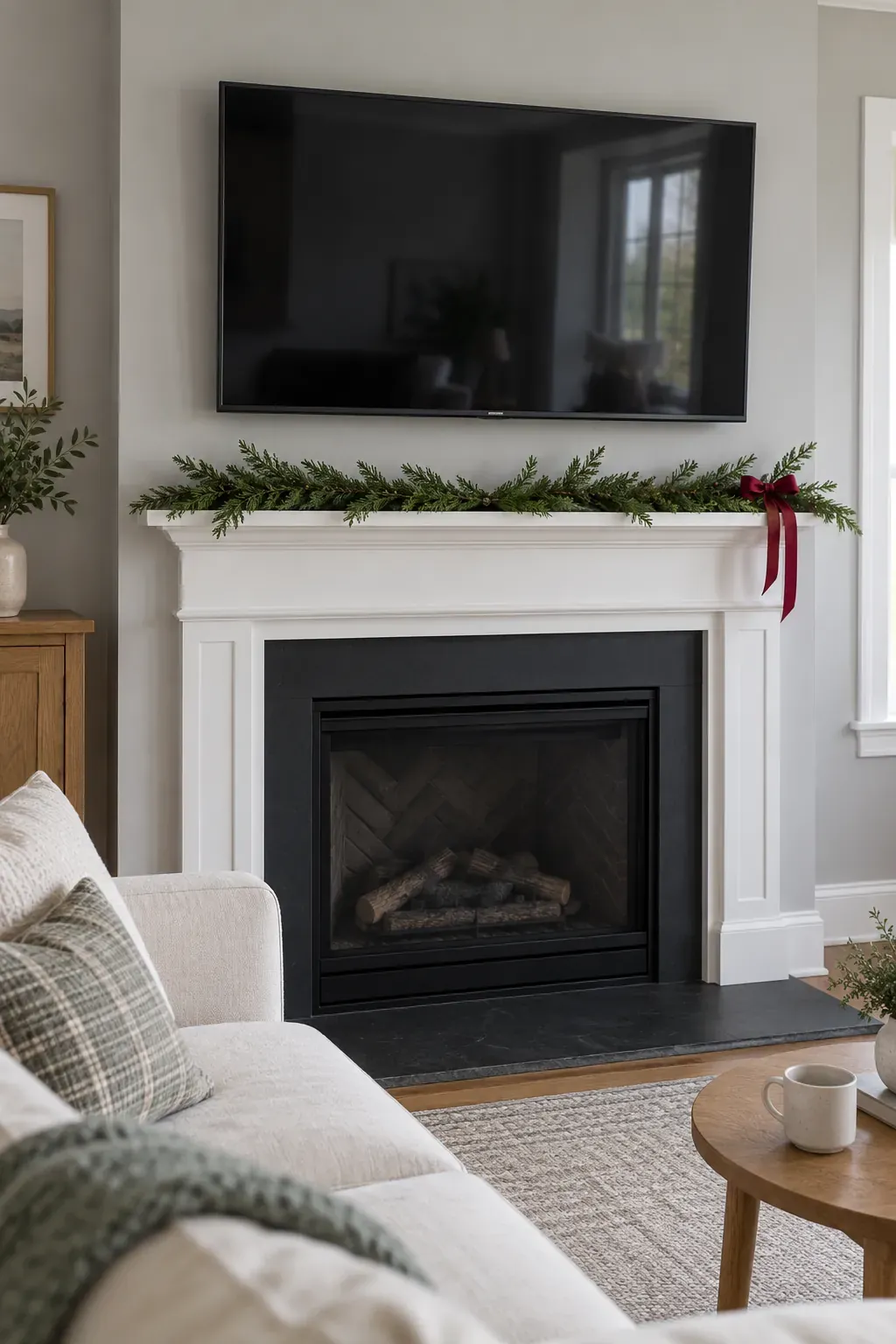 Simple low Christmas greenery beneath a clear television above a white mantel